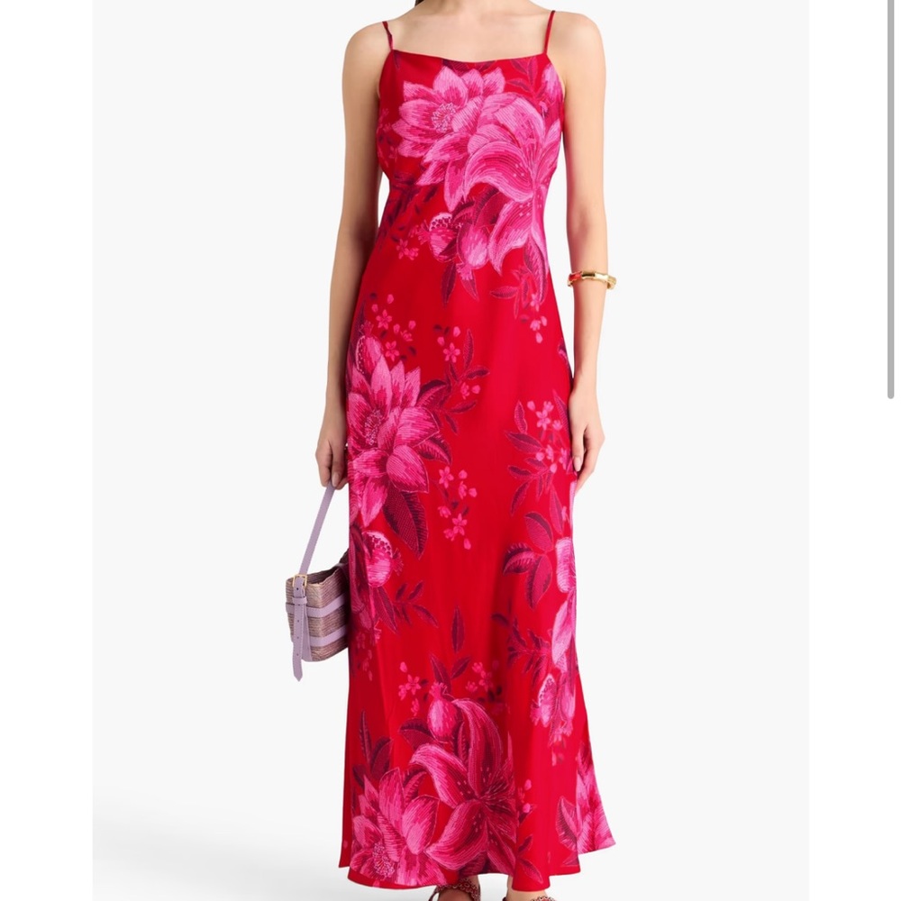 FARM RIO Floral-print satin maxi slip dress, SIZE XS